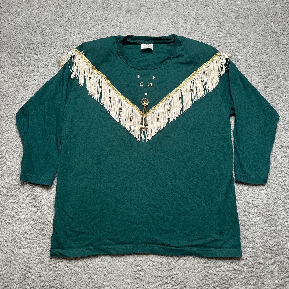 Vintage Aztec Fringe Shirt Womens XL Green Tassel South Western